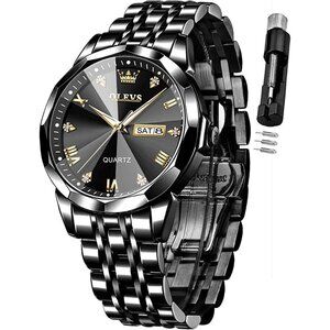 Men Diamond Dress Analog Stainless Steel Waterproof Luxury  Wrist Watch-Black